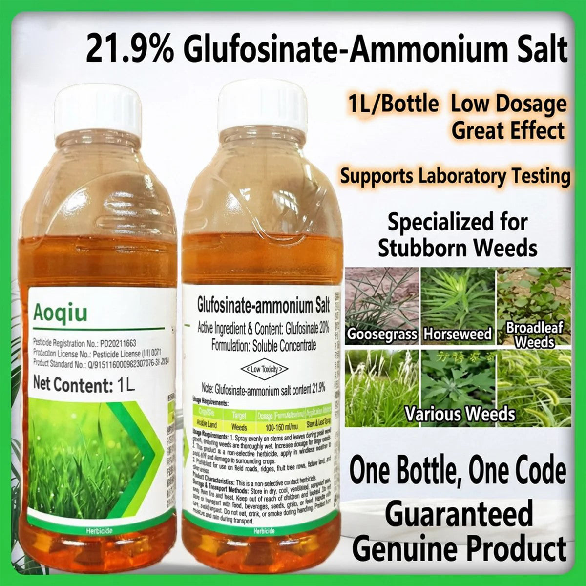 Glufosinate Ammonium 20% SL Herbicide, Fast-Acting Post-Emergence Weed Killer for Orchards, Fields & Non-Crop Land